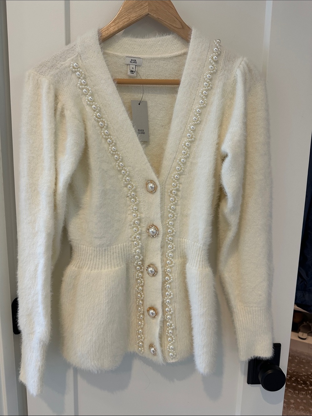 River Island Cream V-Neck Faux Pearl Embellished Cardigan